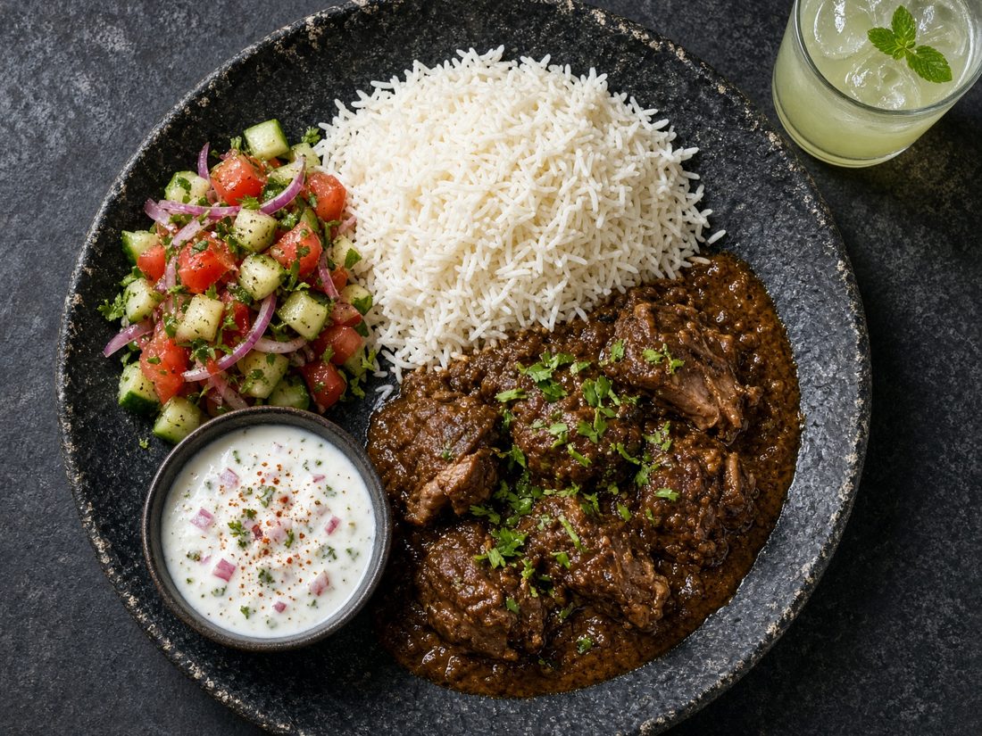 A boxed team lunch — lamb curry, white rice, salad and yoghurt.